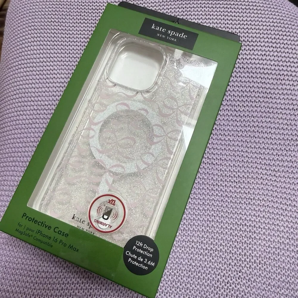 New! Kate Spade Protective CASE iPhone 16 PRO MAX Clear Glitter Pink Bow MagSave